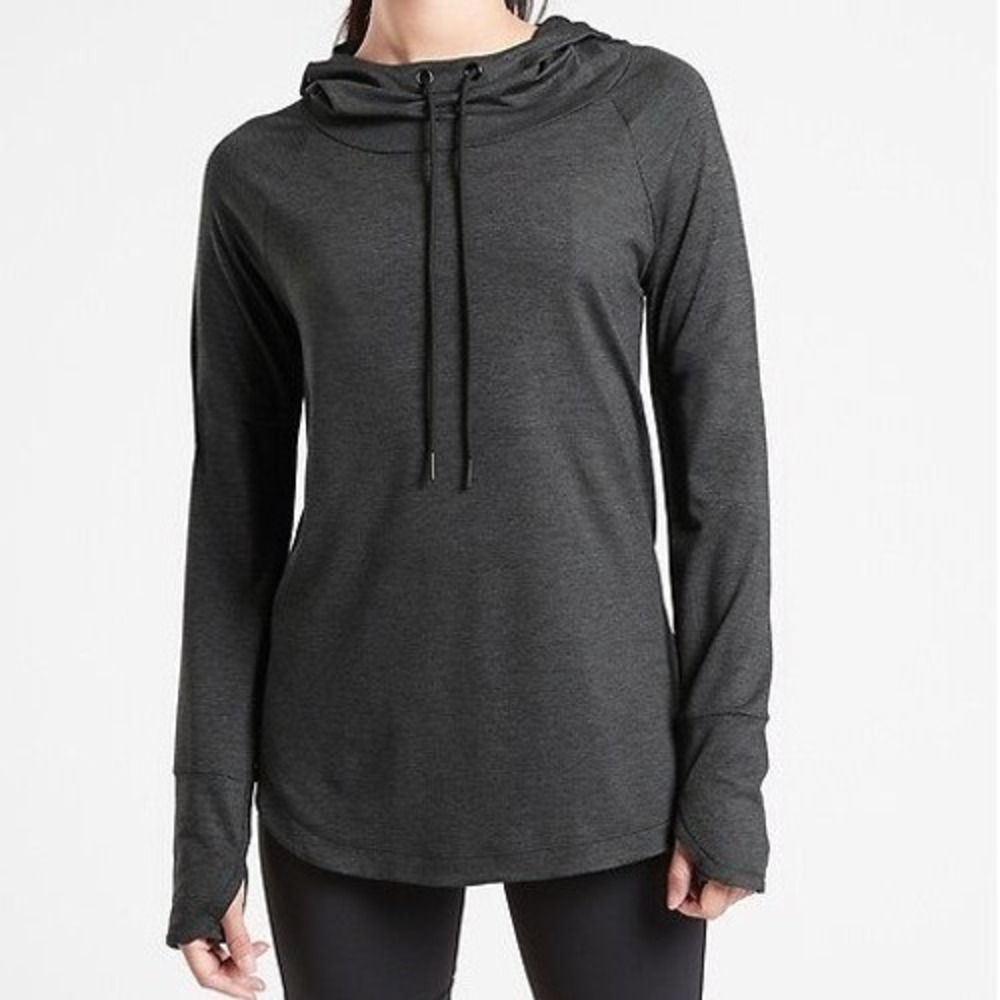 Athleta Uptempo Womens Gray Heathered Cowl Neck Hoodie Thumbhole Pullover Size M